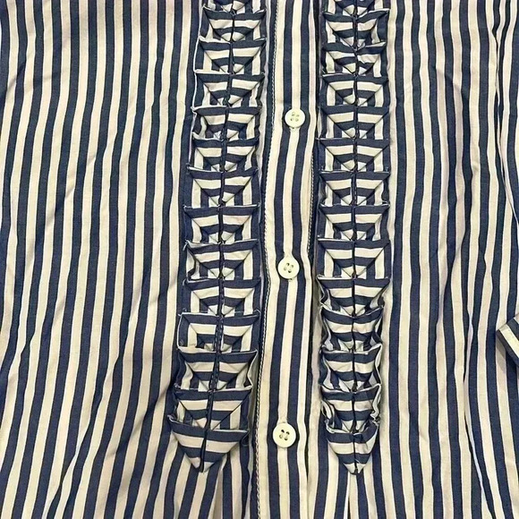 [L]Max Studio 100 Modal White Blue Straps Prints Button  Down Women Shirt - Picture 5 of 11